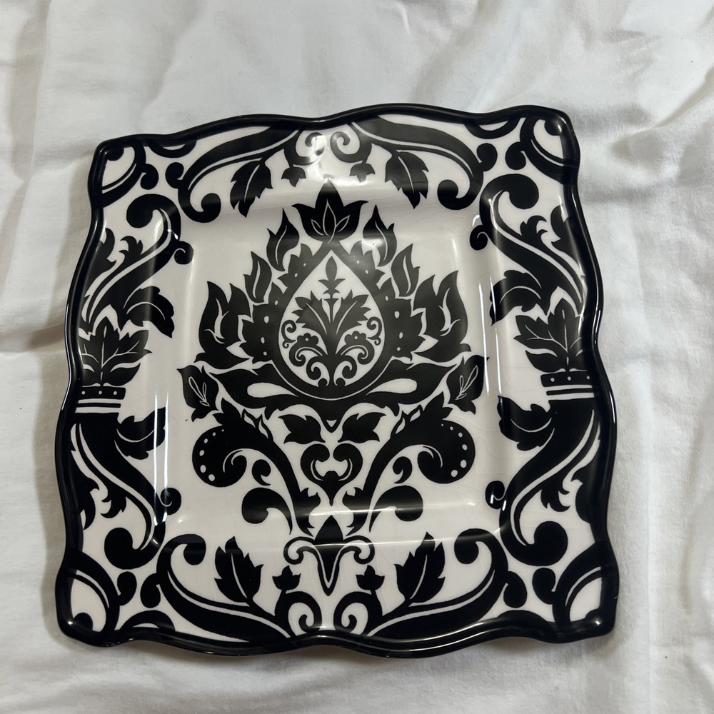 Certified International Black & White Damask Square Plate 10" Ceramic